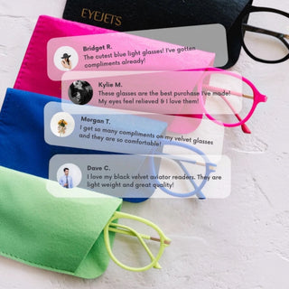 EyeJets velvet blue light reading glasses with protective pouch and customer review highlights.