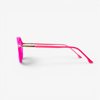 Side profile of EyeJets Mykonos pink velvet blue light reading glasses showing slim temples and aviator design.