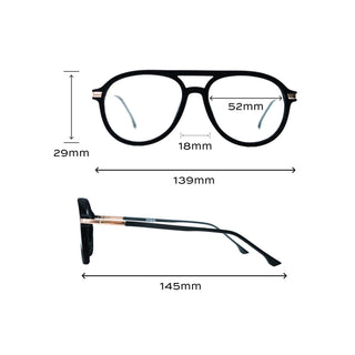 EyeJets Mykonos aviator blue light readers size guide showing lens width, bridge width, frame width, and temple length.