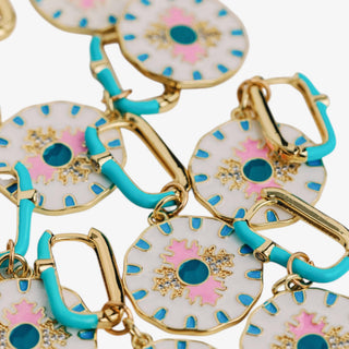 Capri tile charm earrings with turquoise enamel hoops and colorful coastal tile charms front product view