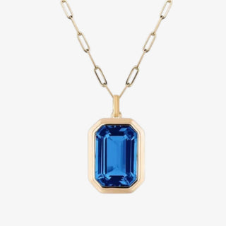 Sapphire emerald cut pendant necklace with gold paperclip chain waterproof non tarnish statement jewelry