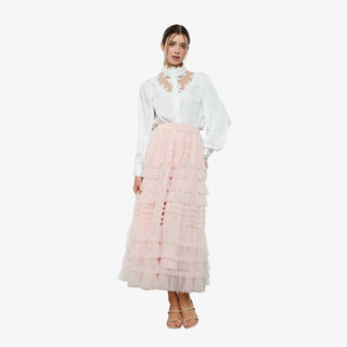 Light blush tiered tulle maxi skirt with layered ruffles and elastic waistband