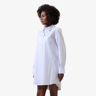white poplin shirt dress button down collared mini dress rolled sleeves front view