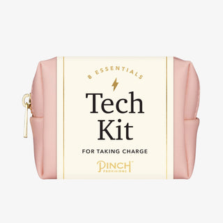 Blush tech essentials kit with eight tools including charger, cable, stand, webcam cover, cleaning cloth, and organizing accessories