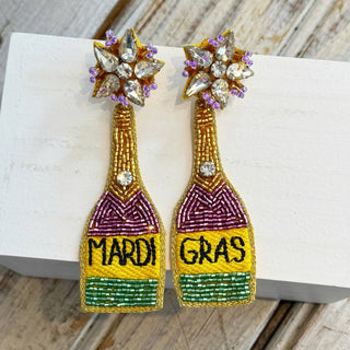 Beaded Mardi Gras bottle earrings in purple green and gold with crystal starburst stud