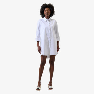 white poplin shirt dress button down collared mini dress rolled sleeves front view