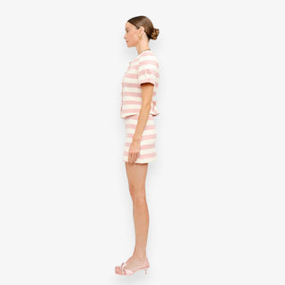 pink striped skirt set side view tailored fit puff sleeve top mini skirt matching outfit