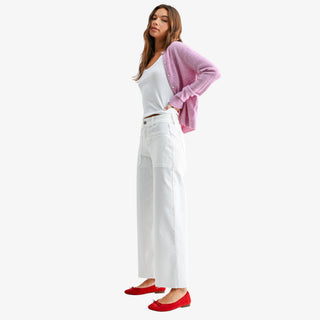 Wide leg white pants with high rise waist front patch pockets and relaxed straight leg fit