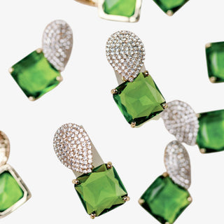 Green crystal drop earrings with pavé top statement front view