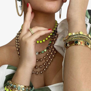 neon yellow crystal necklace gold chain tennis style bright statement jewelry front view