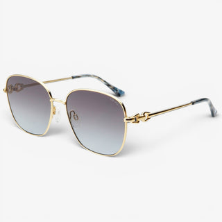Gold frame sunglasses with gray gradient lenses angled view