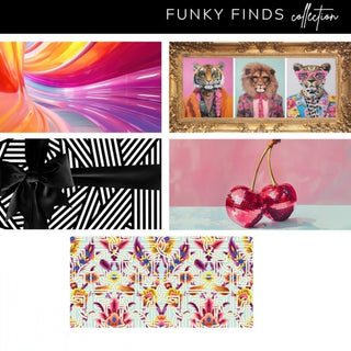 Funky Finds acrylic tray collection showing five interchangeable inserts in animal, cherry, floral, abstract and bow designs