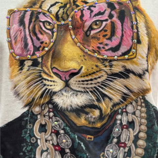 funky tiger tee with crystal rhinestone sunglasses pink tiger graphic and jewelry artwork close up view