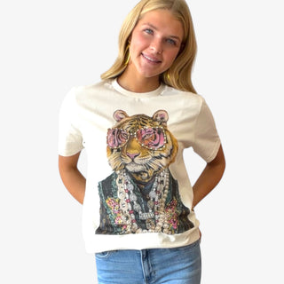 funky tiger tee with pink rhinestone sunglasses tiger graphic styled with denim front view