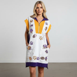 White Game Day sequin dress with purple and gold football, helmet and paw print embellishments front view