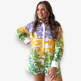 Vibrant alligator-print romper with Queen of Sparkles’ signature bold detailing made for game day fun and standout style.