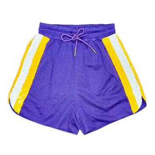 Purple Geaux Tigers sequin shorts with gold and white sequin side stripes and drawstring waistband, flat lay product view for LSU game day outfit.