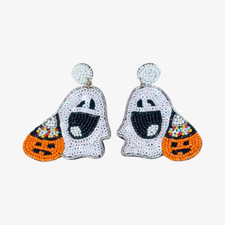 Beaded ghost earrings with white sequins, black details, and orange pumpkin pail accents