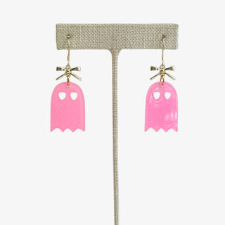 Pink acrylic ghost dangle earrings with gold bow accents, lightweight and festive for Halloween parties or adding a fun seasonal touch.