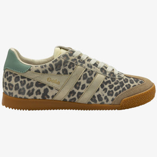 Gola Elan snow leopard sneakers with suede leopard print upper neutral stripes and gum sole retro low profile design