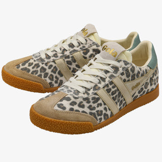 Gola Elan snow leopard sneakers with suede leopard print upper neutral stripes and gum sole retro low profile design