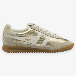 Gola Firefly gold metallic sneaker with cream suede overlays, lace-up front, and gum sole angled view