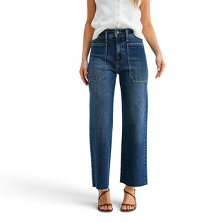 High rise wide leg jeans in dark wash with front utility pockets and cropped raw hem for everyday outfits, front view