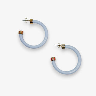 Powder blue medium Hoo Hoop earrings with polished gold-tone accents and post backs, shown as a pair on a white background.