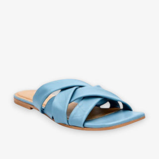 Matisse Pressure Sky light blue square toe sandal  with soft crisscross straps and brown sole on a white background