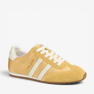     J/Slides Peggy yellow suede sneaker with ivory stripes, white laces and gum sole shown from an angled front view