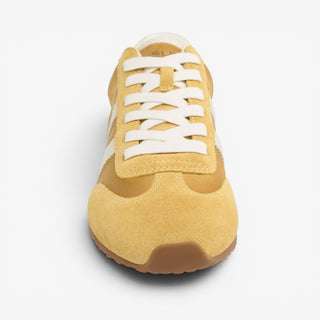 Women’s yellow suede J/Slides Peggy sneaker with white laces and rounded toe shown from the front