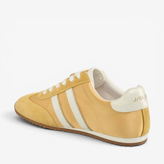 J/Slides Peggy yellow retro sneaker with ivory heel detail and gum outsole shown from the rear angle