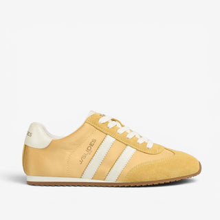 J/Slides Peggy yellow suede and satin sneaker with ivory side stripes shown in a full side profile