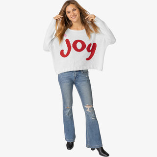 Joy Oversized Crew Sweater in soft knit fabric with festive lettering and relaxed fit