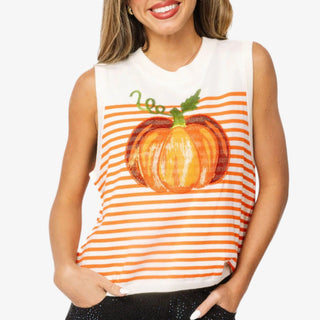 Queen of Sparkles Ivory & Orange Striped Pumpkin Knit Tank