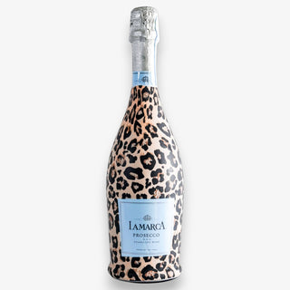 Bottle wrap with a leopard design for Lamarca Prosecco on a white background