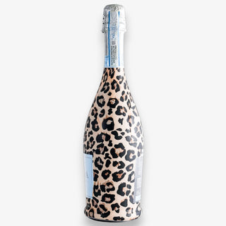 Bottle wrap with a leopard design on a white background