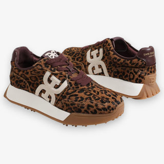 Leopard print sneakers with maroon accents on a white background