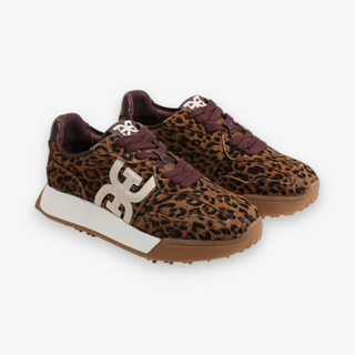 Leopard print sneakers with maroon laces and a brand logo on a white background