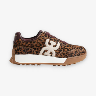 Leopard print sneaker with a brand logo on a white background