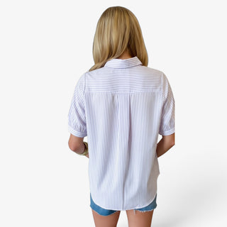 LSU sequin button down in lavender stripe with short sleeves and relaxed fit, styled for LSU game day, back view