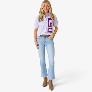 LSU sequin button down styled with light wash jeans and ankle boots for a women’s LSU game day outfit, full-length front view