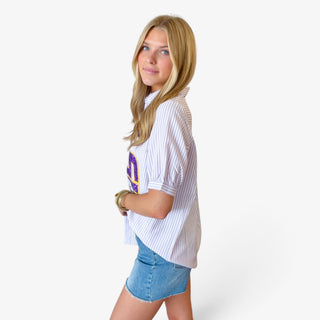 LSU sequin button down with lavender stripes and purple sequin LSU lettering, game day shirt shown from side view