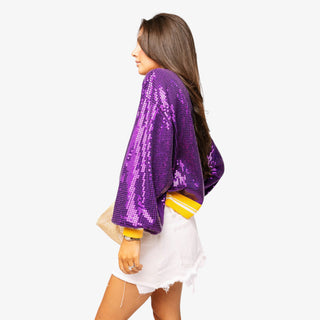 LSU Full Sequin Mike Sweater in purple with gold stripes and Mike the Tiger graphic