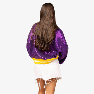 LSU Full Sequin Mike Sweater in purple with gold stripes and Mike the Tiger graphic
