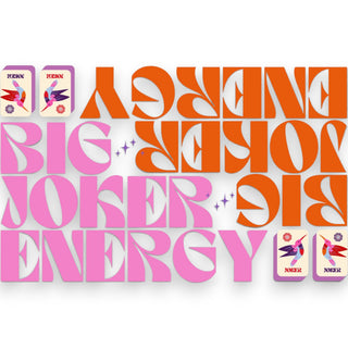 Mahjong acrylic tray insert with pink and orange Big Joker Energy graphic, interchangeable design close-up