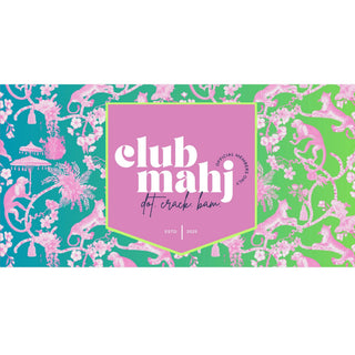 ALT text:
Mahjong acrylic tray insert with Club Mahj pink, teal and green animal print design, interchangeable design close-up