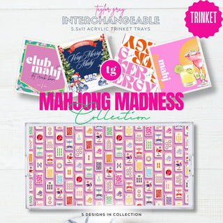Mahjong acrylic tray with five interchangeable colorful designs shown together for jewelry, keys and game night accessories