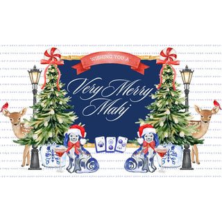 Mahjong acrylic tray insert with Very Merry Mahj Christmas trees, dogs and mahjong tiles, holiday design close-up
