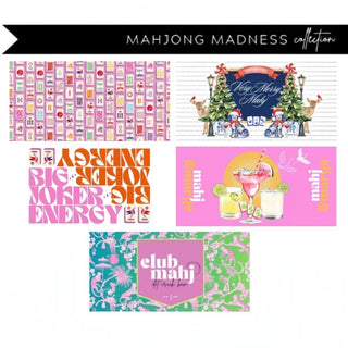 Clear Mahjong acrylic tray with five interchangeable inserts in colorful game night and holiday designs, product overview